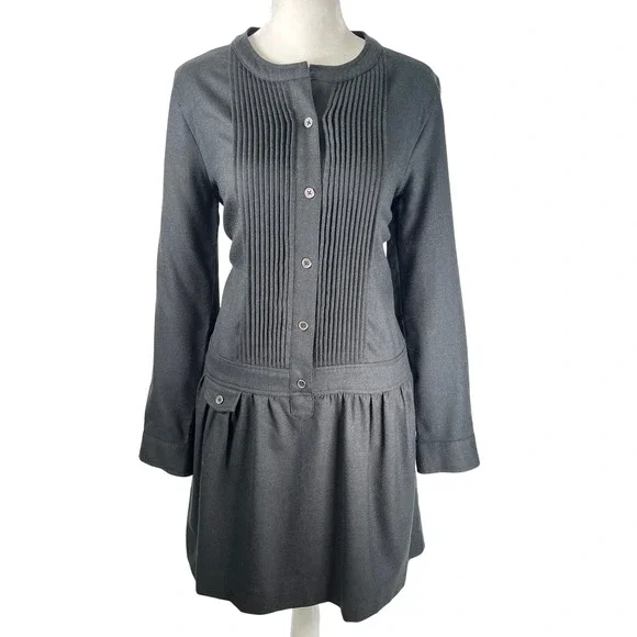 JCrew Charcoal Grey Pleated Bib Drop Waist Long Sleeve Mini Dress Wool Blend‎ M