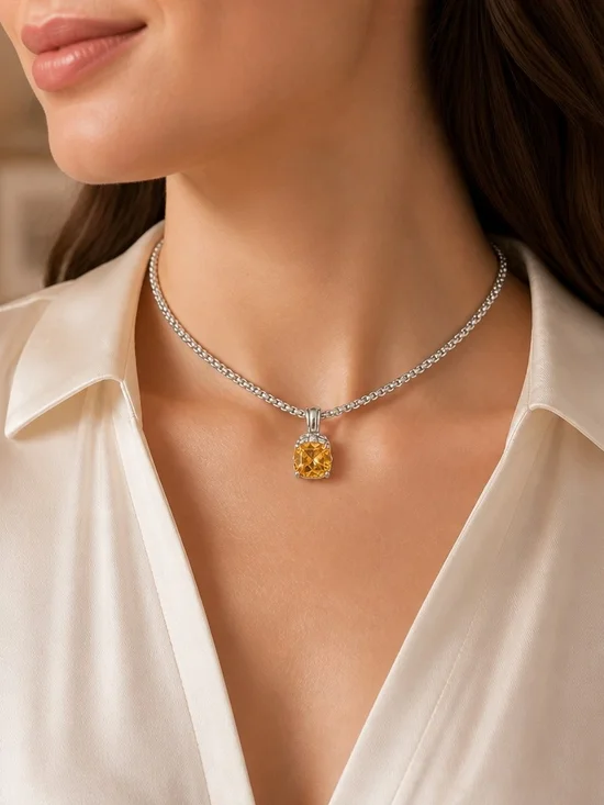 Sterling Silver Necklace with Yellow Cushion Pendant