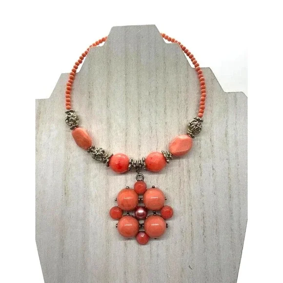 Coral Orange Beaded Statement Necklace Womens Silver Tone Filigree‎ Pendant