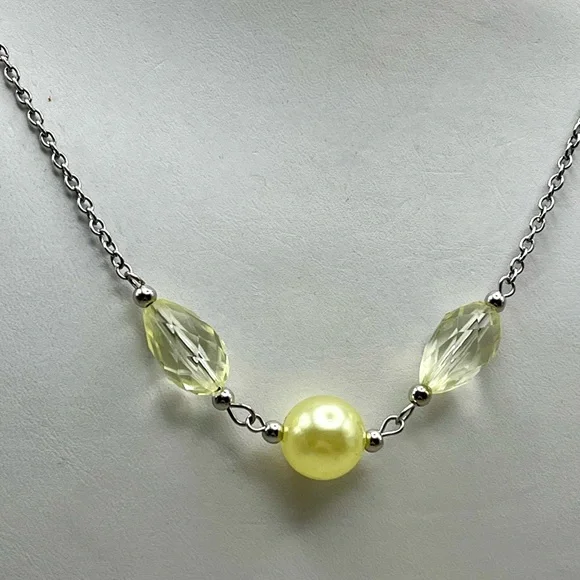 Dainty Silver Tone Chain Necklace with Pale Yellow Pearl & Crystal Beads