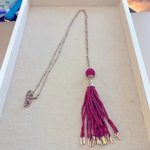 New. Gold necklace with Burgundy Red Beaded Tassel