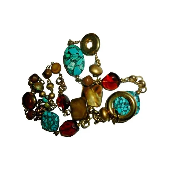 Boho‎ Chunky Faux Turquoise Colorful Lucite Gold Tone Long  Statement Necklace