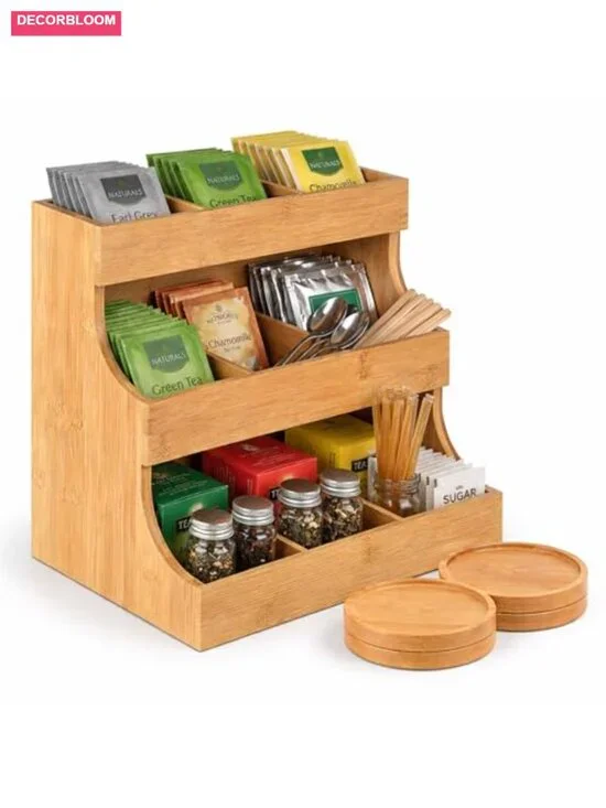 Bamboo 3-Tier Tea Bag Organizer with 4 Coasters