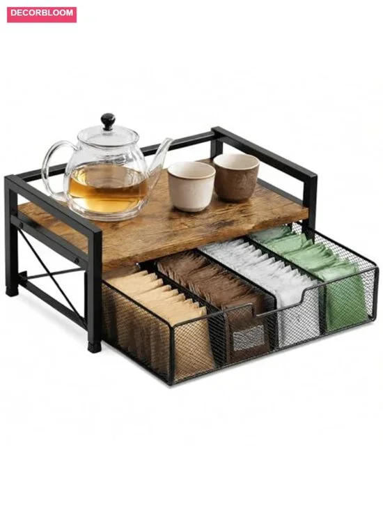 Rustic Wood Tea Bag Organizer & Storage Chest with Drawer, 8 Compartments