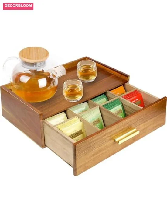 Acacia Wood Tea Bag Organizer with Storage Drawer