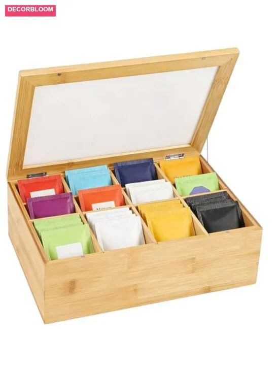 Wooden Tea Bag Organizer with Clear Lid, 8 Compartments Storage Box