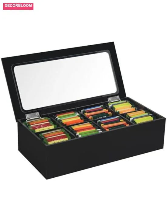 Acrylic Tea Bag Organizer with Lid, 8 Slot, Large Capacity, Removable Dividers