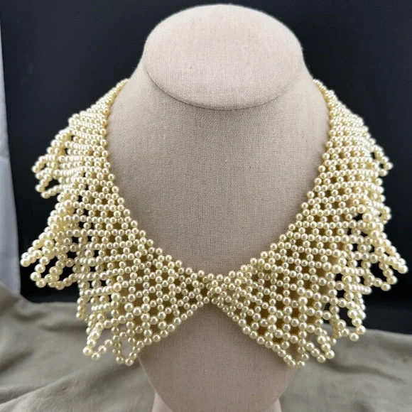 Vintage Woven Collar Bib Necklace Faux Pearl 18