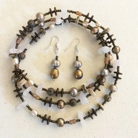 Rose in the Woods Necklace Earring Set Rose Quartz Pearls Gemstone Crystal Wood