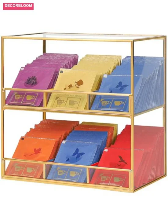 2-Tier Glass Tea Bag Organizer Counter Storage Box Brass Tea Caddy