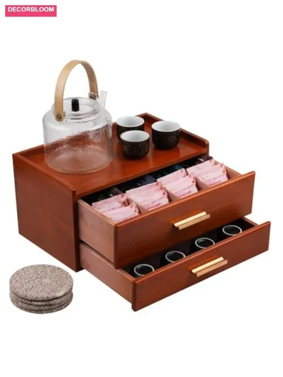 Solid Wood Tea Organizer with Drawer and 8 Compartments, Teabag Holder Storage
