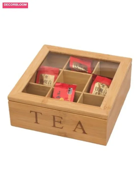 Bamboo Tea Box Organizer with 9 Compartments and Glass Lid for Home Office