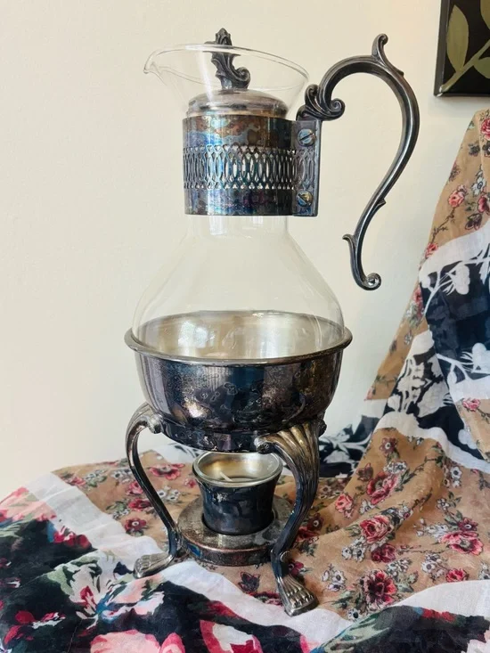 Classical Silverplate Glass Coffee Carafe Warmer Set 5 Pc  F.B. Rogers