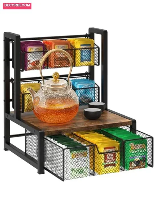 3-Tier Tea Bag Organizer Storage Container with Drawer and Baskets, Wood Tea