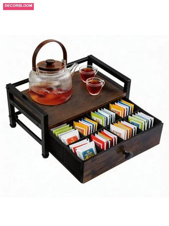 Tea Bag Organizer Storage Box with 8 Dustproof Drawers, Wooden Countertop Stand