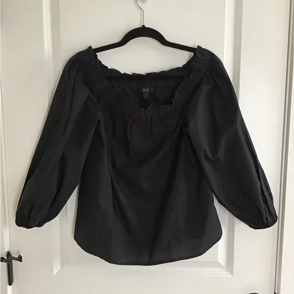 J.Crew Black Off Shoulder Blouse Size 10 Cotton Elastic Cuffs Long Sleeve Top‎