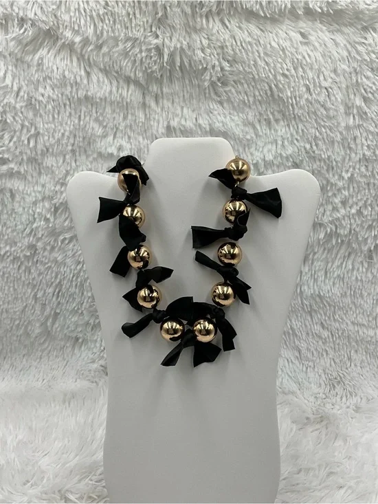 Garden Party Necklace Gold Tone Bead with Black Ribbon Accents NWT
