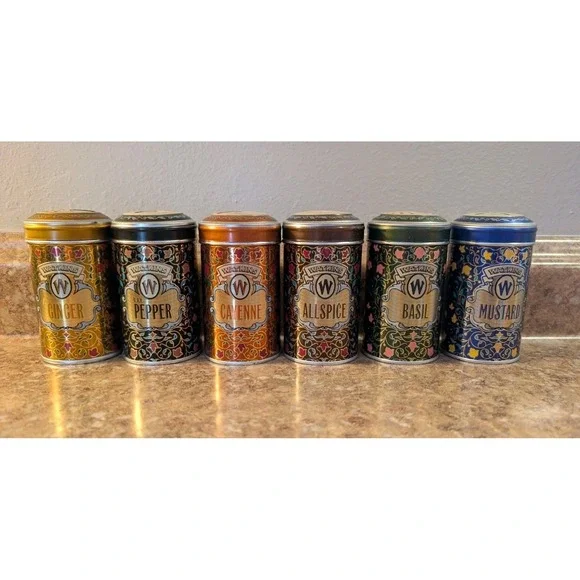 Vintage Watkins Spice Tin Set of 6 Ginger Pepper Cayenne Basil Mustard Allspice