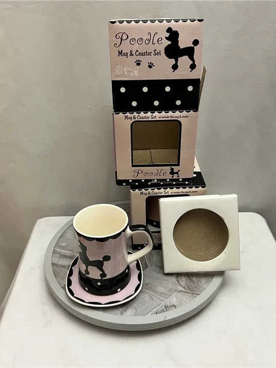 Set of 2 HuesnBrews Poodle Mug & Coaster Sets Pink Black 13 Oz Dog Lover