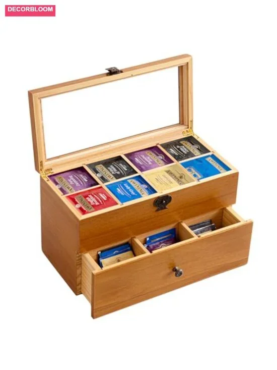 Wood Tea Bag Organizer Storage Box with Clear Acrylic Window - 14 Compartments
