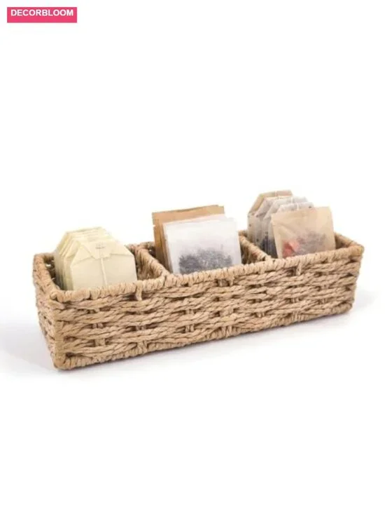 3-Compartment Braided Tea Bag Organizer Basket for Countertop or Drawer Storage