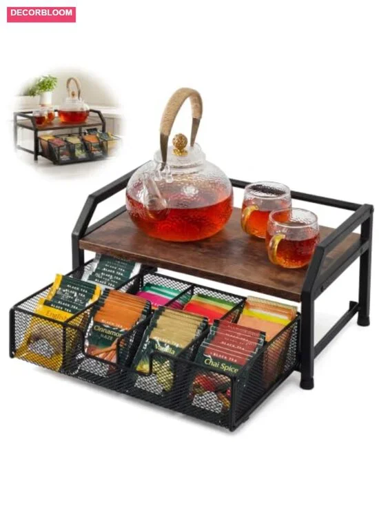 Tea Bag Organizer with Pull Out Drawer for Countertop - Rustic Wood