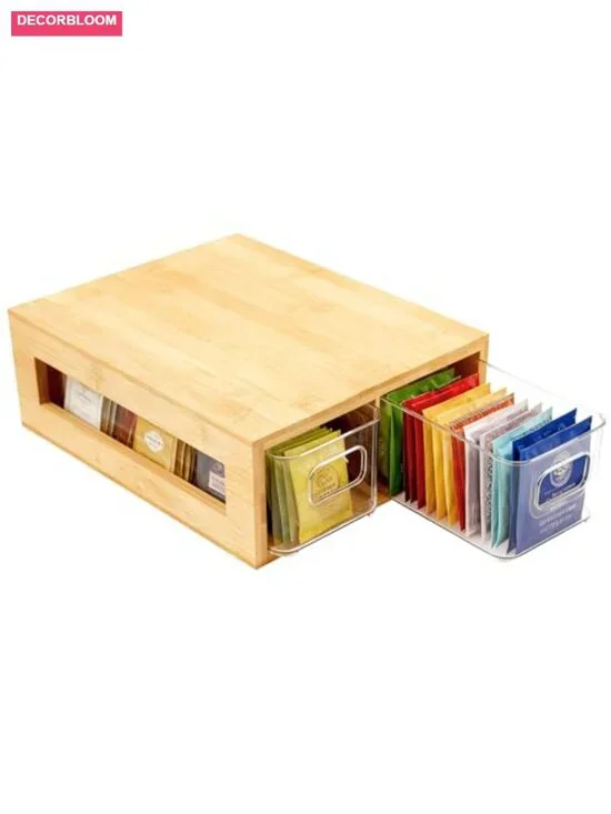 Bamboo and Acrylic Drawer Tea Bag Organizer with 2 Compartments