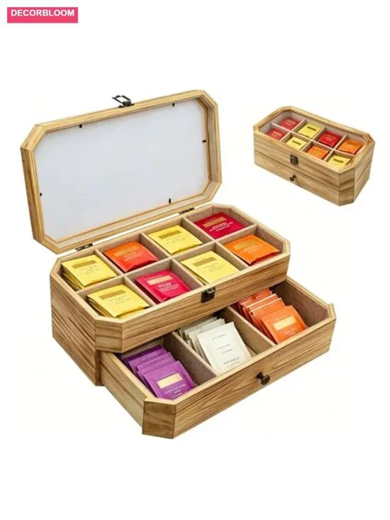 Solid Wood Tea Bag Organizer with Drawer and Acrylic Window, 2 Layer Large
