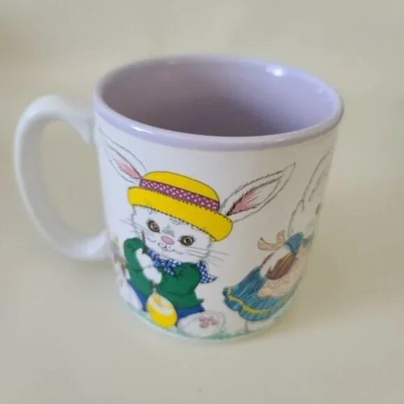 1991 Potpourri Press EASTER CELEBRATION Ceramic Mug Coffee Tea Bunny Eggs Purple