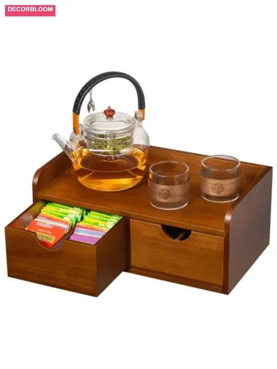 Acacia Wood Tea Bag Organizer with Drawer Storage
