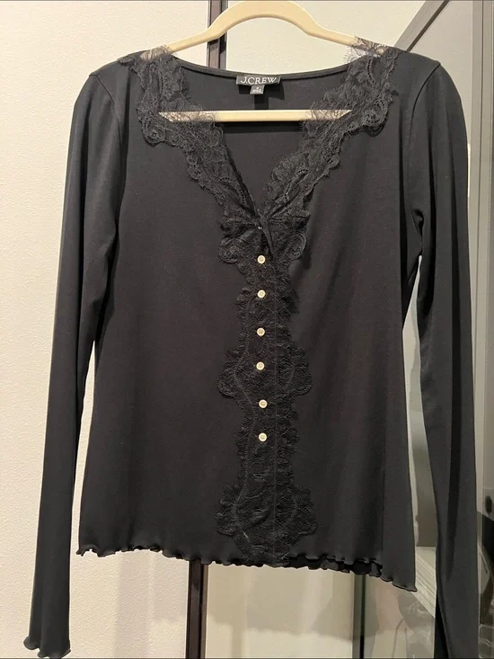 J. Crew Black Lace-Trim Long Sleeve Henley