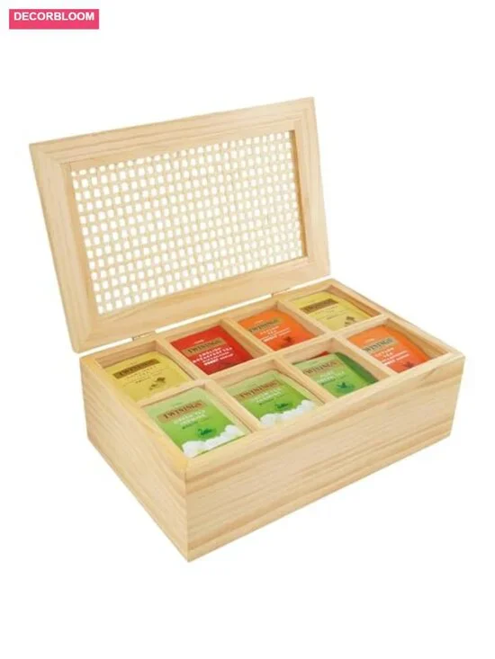 Wooden 8 Compartment Tea Bag Organizer Box with Lid