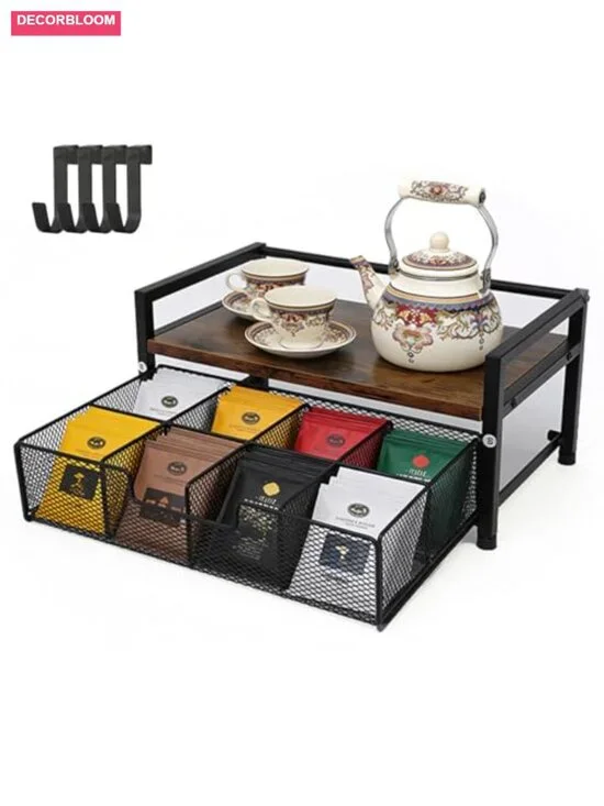 Tea Bag Organizer with Drawer Natural Wood & Metal 8 Compartments with Hooks