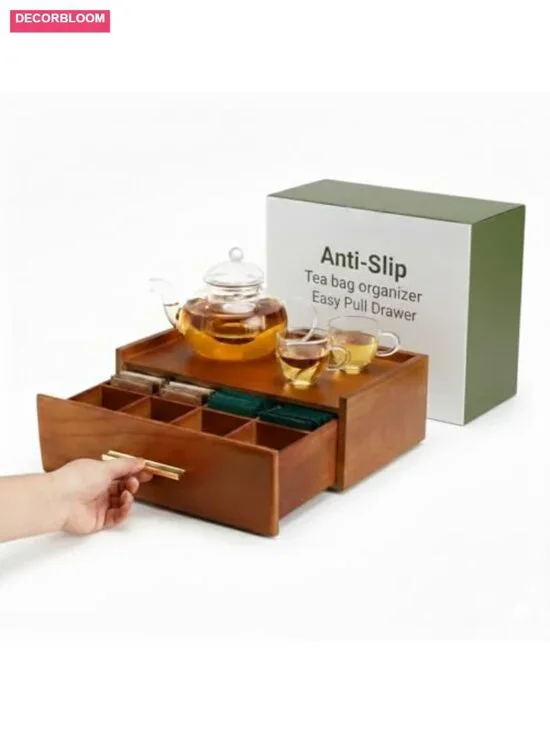 Wooden Tea Bag Organizer for Counter, 8 Compartments Drawer Storage with