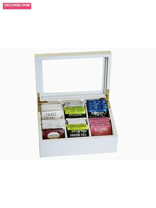 Wooden Tea Organizer With 6 Compartments Clear Top Window Lid Stays Open