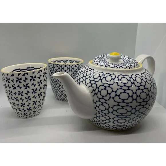 Tokyo Design Studio Nippon Blue Porcelain Teapot & 2 cups yellow white set japan