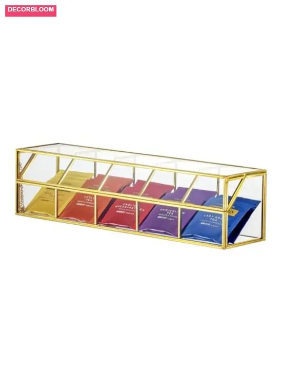 Glass Tea Bags Organizer with 5 Compartments, Brass Frame, Storage Box