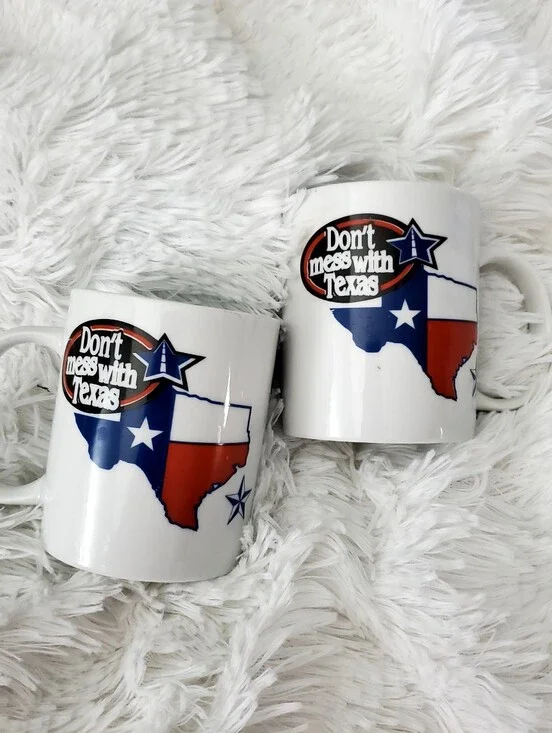 Don't Mess with Texas Coffee Mug – White Ceramic Texas Flag Mug Set of Two
