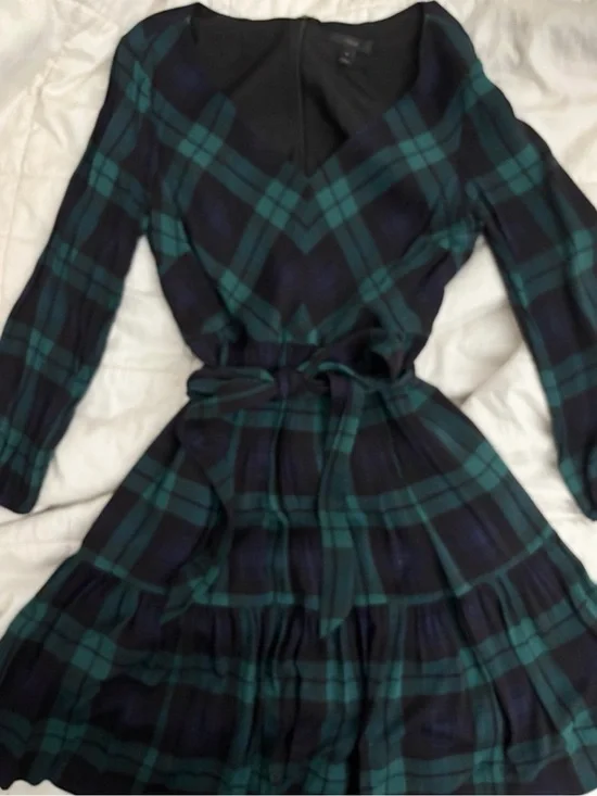 NWOT J. Crew Long Sleeve Tartan Blue Green Plaid Drapey Pleated Dress Size 6