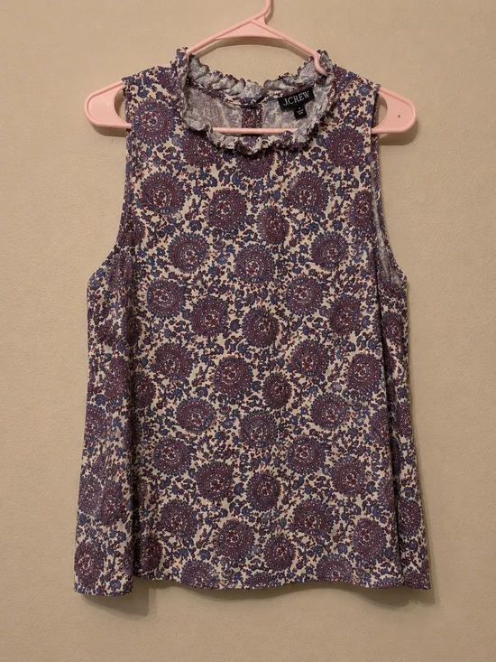 J.Crew Sleeveless Ruffled Neck Floral Medallion Top in Lavender and Cream