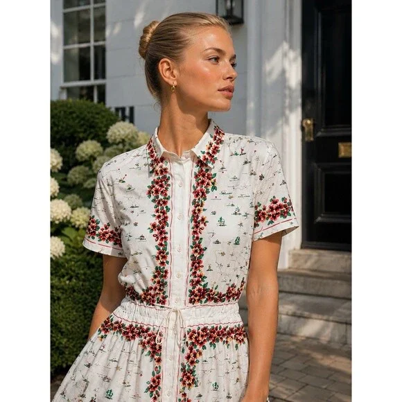 J Crew Map Print Shirt Dress Womens 6 Floral Mini Cotton Poplin Cerise Vacation