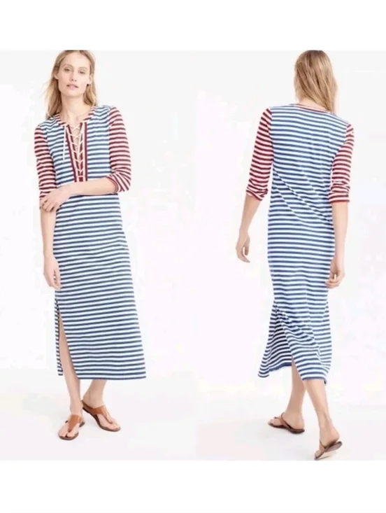 J.Crew Nautical Striped‎ Lace Up Maxi Dress | Red White & Blue Size Medium