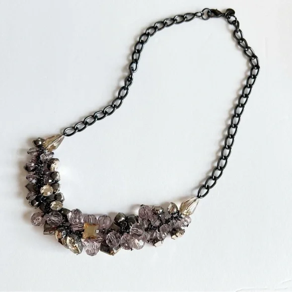 Loft multicolor beaded statement‎ necklace gunmetal chain chunky gemstones