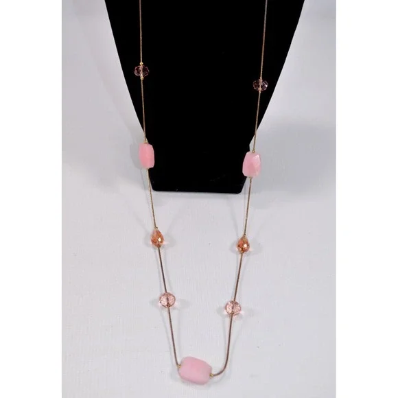 Vtg Gold Tone Snake Chain Necklace w/ Pink Faceted Quartz & Glass Pink Beads 39