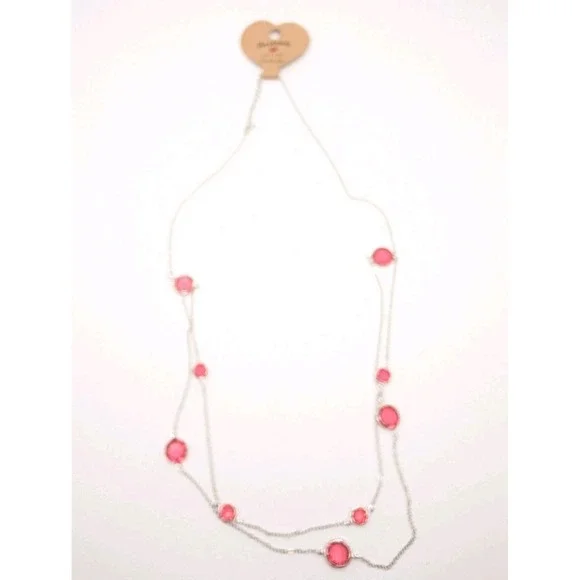 Handmade Pink Crystal‎ Station Necklace Silver Tone Layered Fashion Jewelry