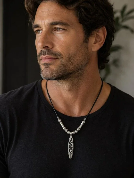 Tribal Style Pendant Necklace on Black Leather Cord – Silver Tone Beads – Unisex