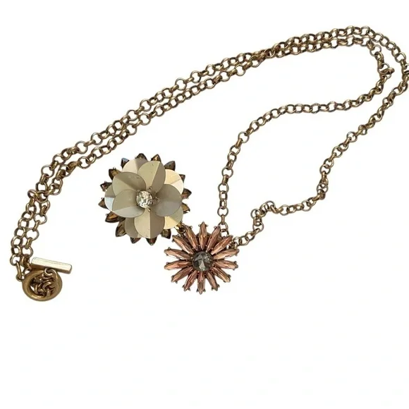 Ann Taylor antique gold chain long necklace double flower pendant blush crystal