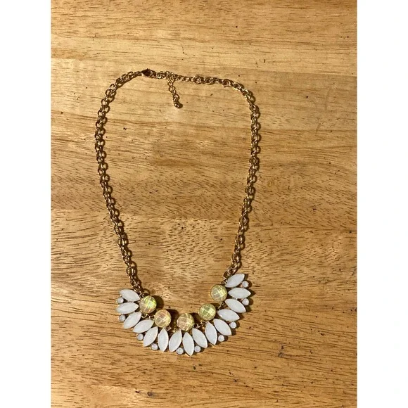 Gold Tone White Marquise Iridescent Statement‎ Bib Necklace Adjustable 19 Inch