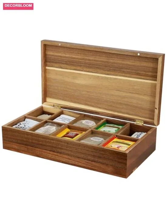 Acacia Wood 10-Compartment Tea Box With Magnetic Lid, Tea Bag Organizer