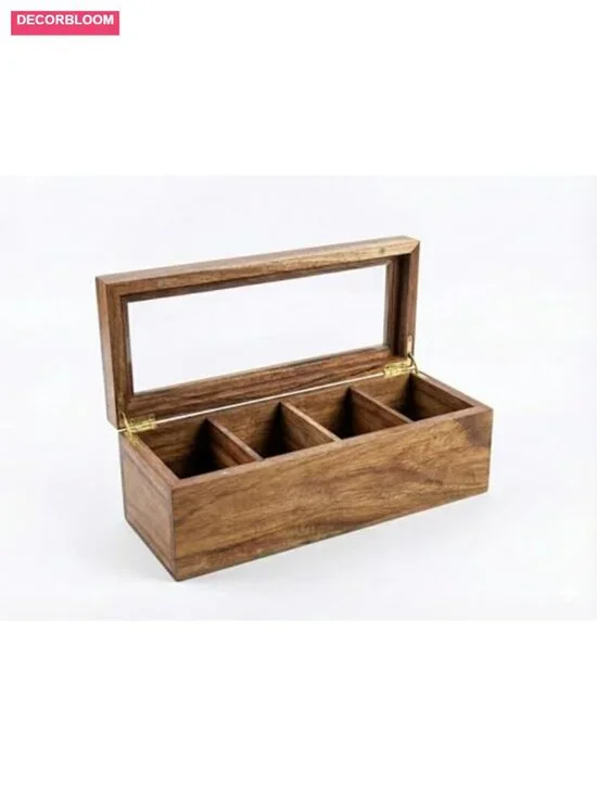 Tea Bag Organizer - Acacia Wood & Bamboo 4 Compartment Box for Countertop
